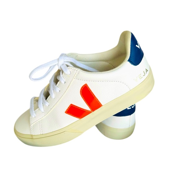 VEJA WOMAN’S CAMPO WHITE ORANGE FLUO COBALT SNEAKERS - Picture 2 of 8